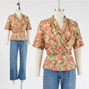 Vintage Floral Tulip Print Blouse Wrap Around Peplum Waist Short Sleeve Top S